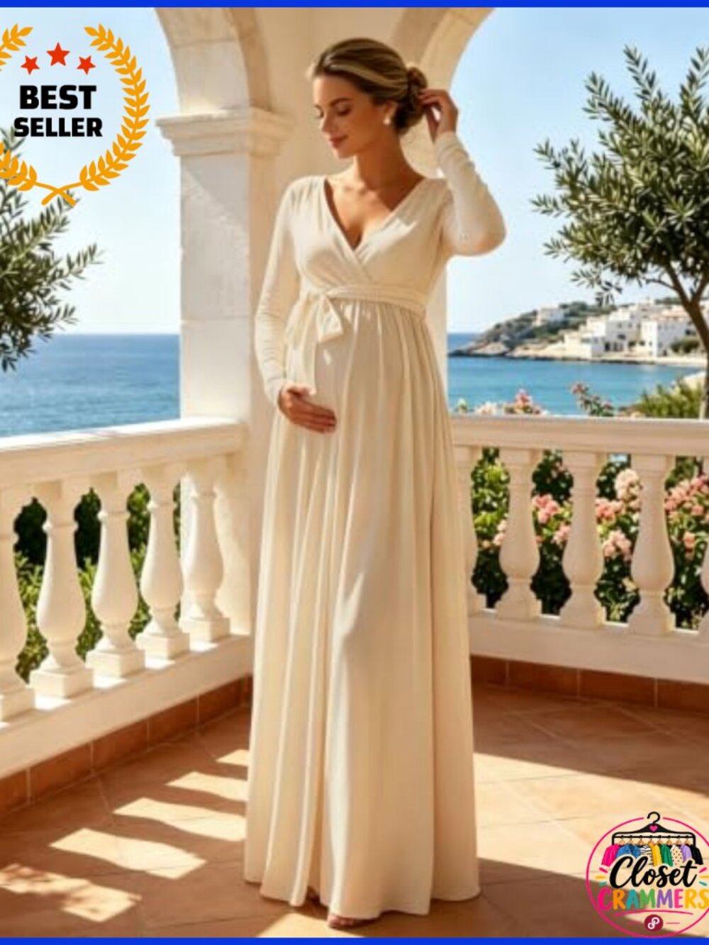 Maternity Maxi Dress V-Neck Long Sleeve Tie Waist Baby Shower Gown - Picture 3 of 6